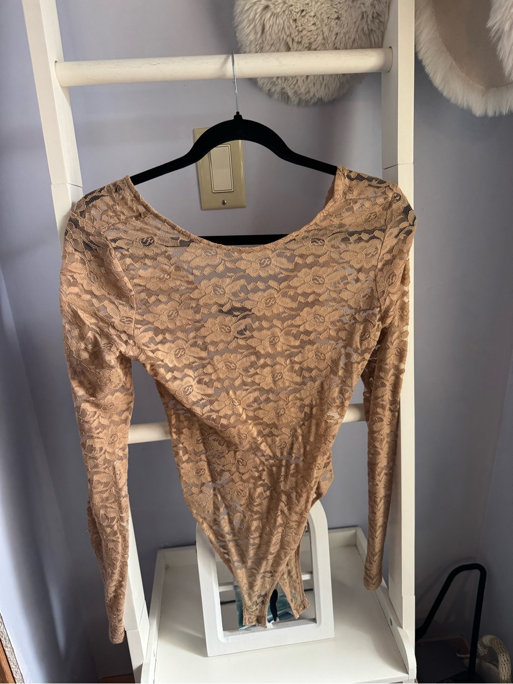 Forever 21 Beige Lace Long Sleeve Bodysuit